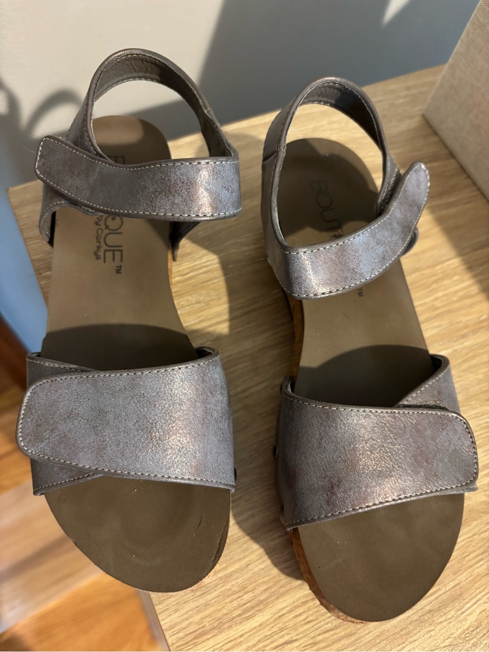 Corkys Shimmery Pewter Two-Strap Comfort Sandals, with Velcro straps